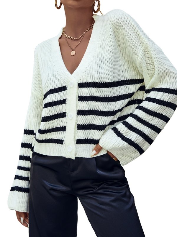 Autumn and Winter Knitted Cardigan Button Stripe Sweater Casual V-Neck Slouchy White Top