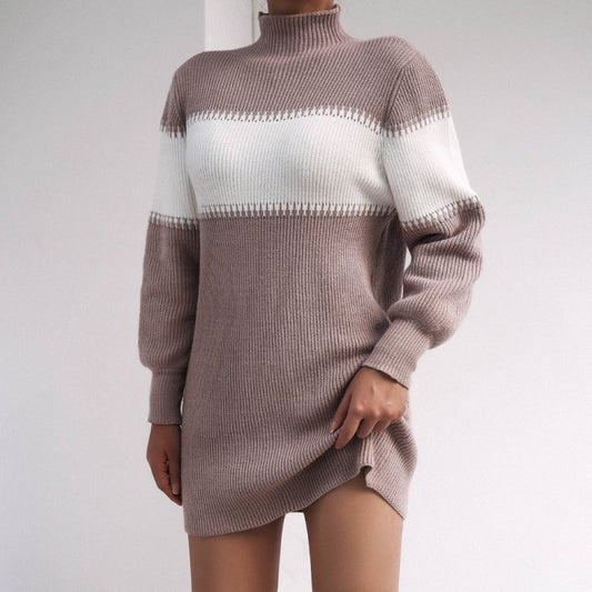 Autumn And Winter Long Sleeve Casual Color Matching Half High Collar Knitted Wool Dress