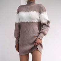 Autumn And Winter Long Sleeve Casual Color Matching Half High Collar Knitted Wool Dress - Premium Dresses for sale