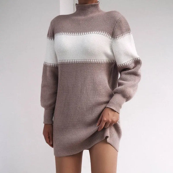 Autumn And Winter Long Sleeve Casual Color Matching Half High Collar Knitted Wool Dress - Premium Dresses for sale