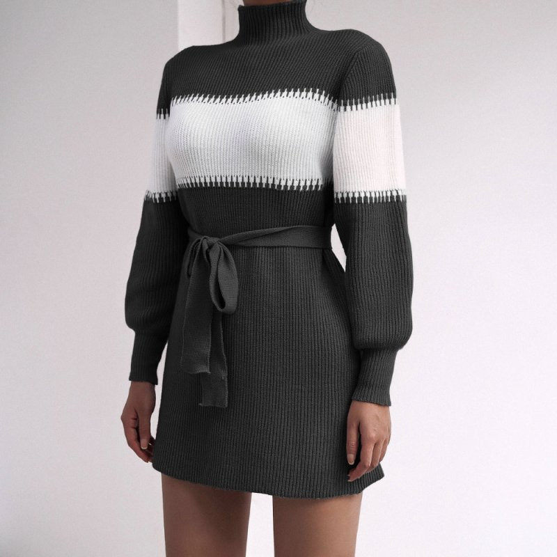 Autumn And Winter Long Sleeve Casual Color Matching Half High Collar Knitted Wool Dress