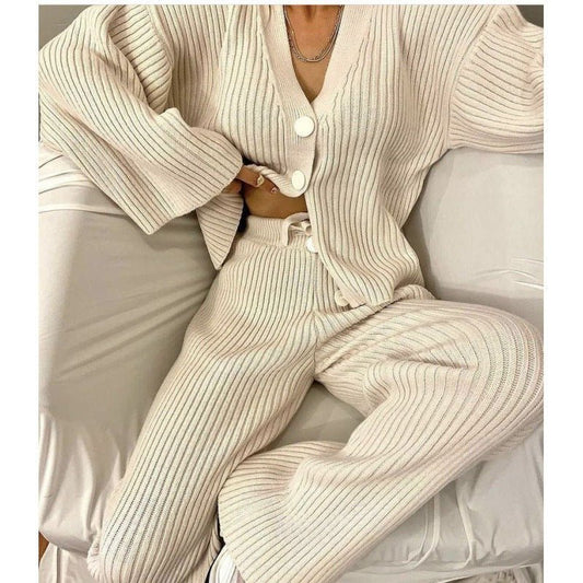 Autumn And Winter New Casual Sweater Knitted Cardigan Pants Two-Piece Set For Women