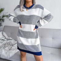 Autumn And Winter New Striped Casual Loose Sweater Dress Knitted Dress - Premium Shirts & Tops for sale