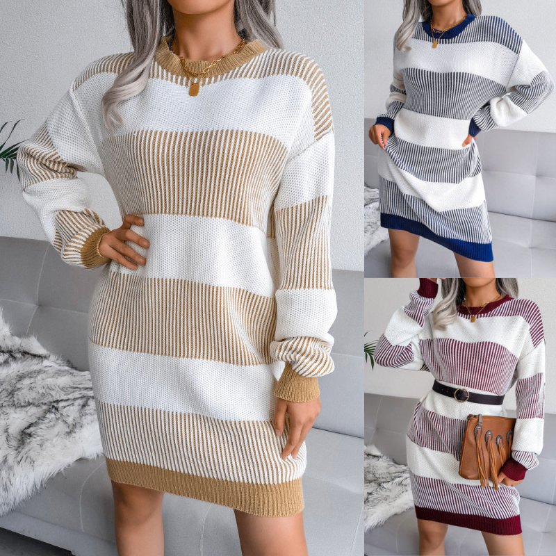 Autumn And Winter New Striped Casual Loose Sweater Dress Knitted Dress