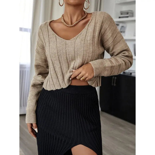 Autumn and Winter New Sweater Stripe Solid V - Neck Knitwear Commuter Women's Fashion - Premium Shirts & Tops for sale