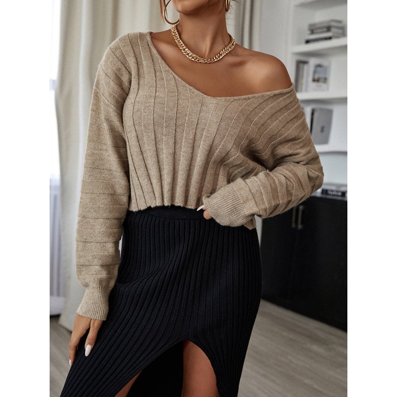 Autumn and Winter New Sweater Stripe Solid V-Neck Knitwear Commuter Women&#39;s Fashion
