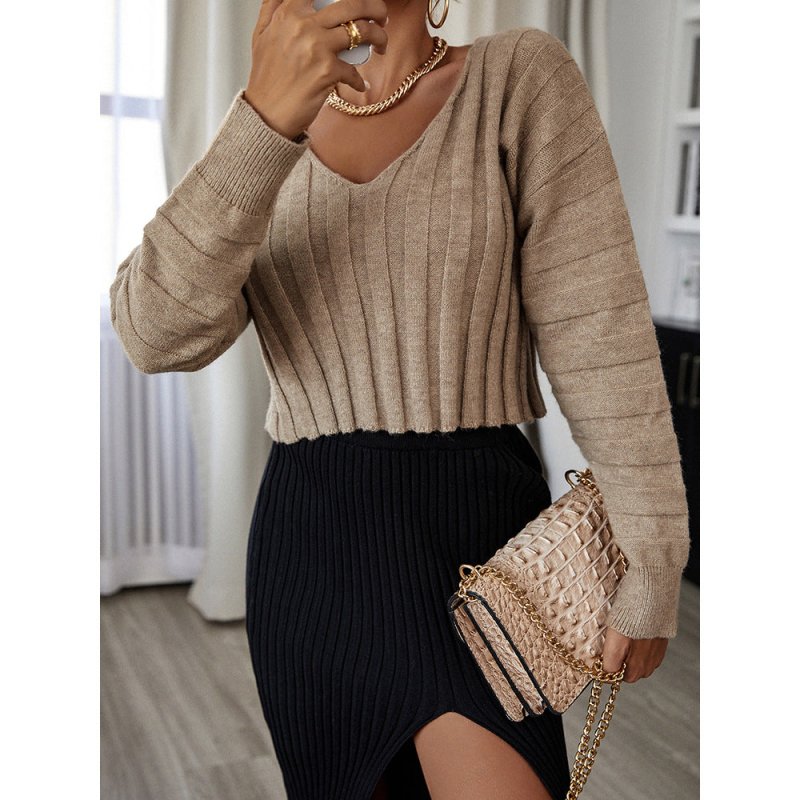 Autumn and Winter New Sweater Stripe Solid V-Neck Knitwear Commuter Women&#39;s Fashion