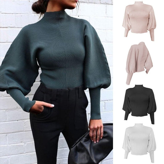 Autumn and winter new sweater women pure color knitted lantern sleeve long sleeve pullover turtleneck sweater