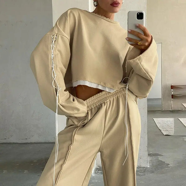 Women's Fashion Bandage Long Sleeve Color Contrast Stitching Loose Casual Sweater - Premium Shirts & Tops for sale