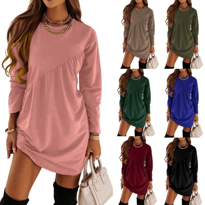 Autumn And Winter Women's Long Sleeved Mini Waist Casual Round Neck Loose Pleated Dress