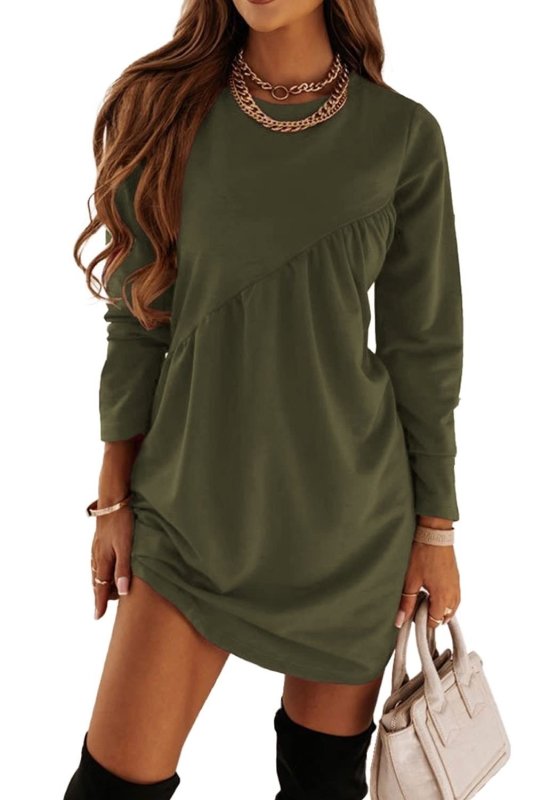 Autumn And Winter Women's Long Sleeved Mini Waist Casual Round Neck Loose Pleated Dress