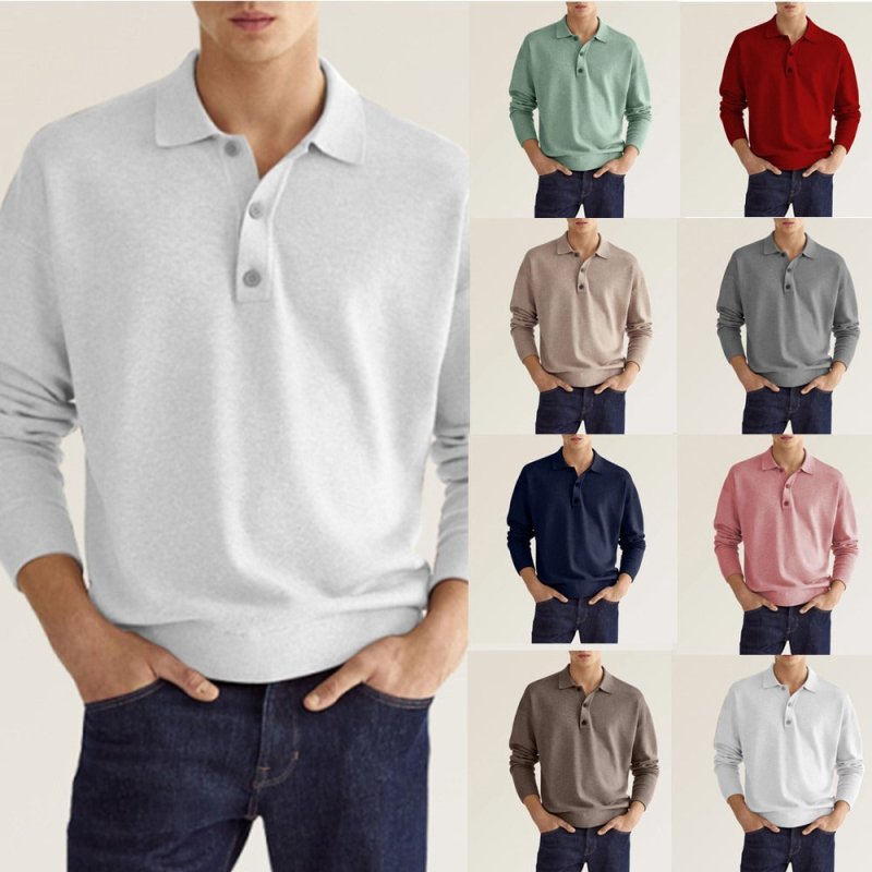Autumn Long Sleeve V-Neck Button Men's Casual Top Polo Shirt