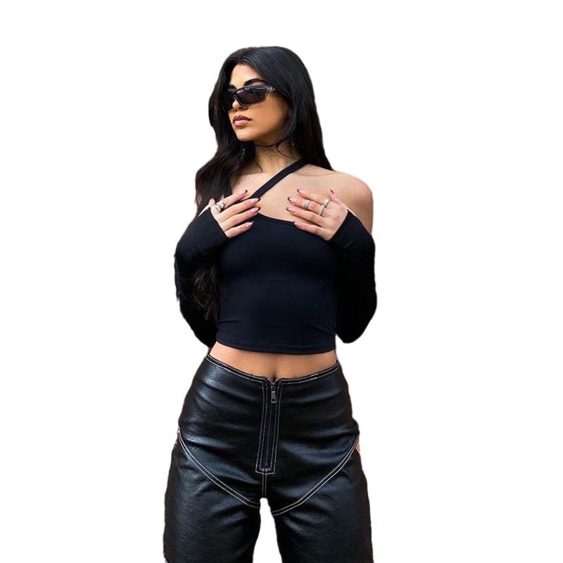 Autumn Sping Women Clothing cropped Sexy Backless Halter Slim T-shirt Women Outer Wear Opera Glove