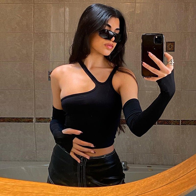 Autumn Sping Women Clothing cropped Sexy Backless Halter Slim T-shirt Women Outer Wear Opera Glove