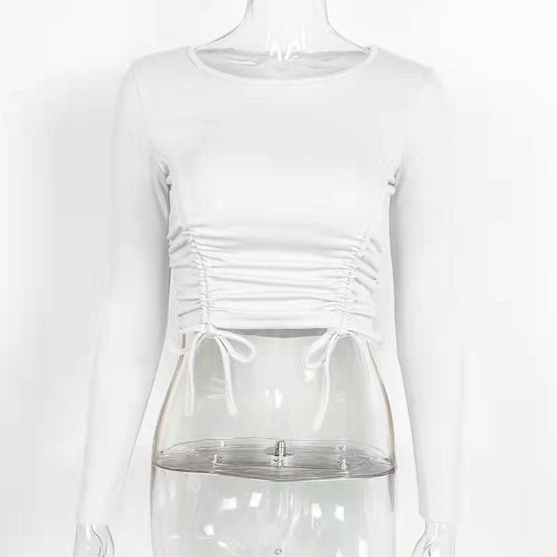 Autumn Winter Long Sleeve Short Top Trend Drawstring Ruffle Navel-Exposed T-shirt for Women