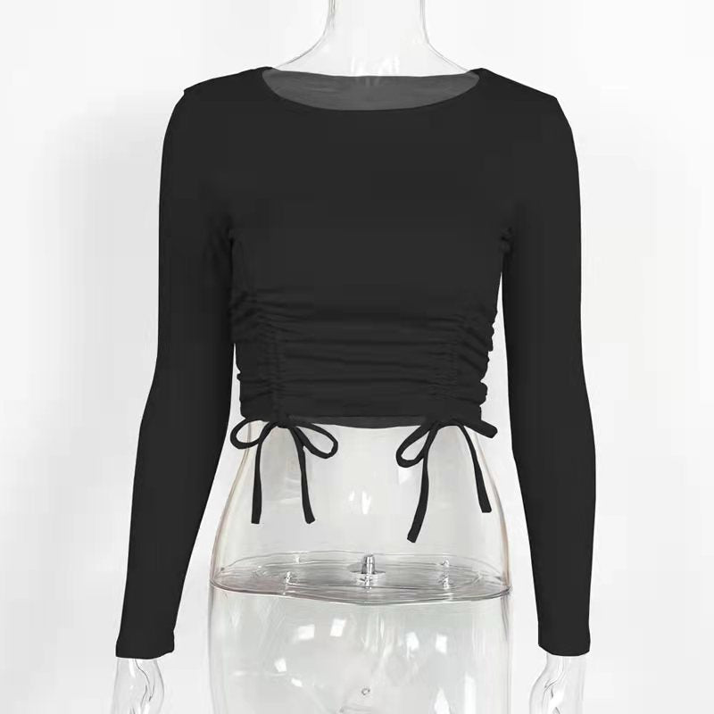 Autumn Winter Long Sleeve Short Top Trend Drawstring Ruffle Navel-Exposed T-shirt for Women