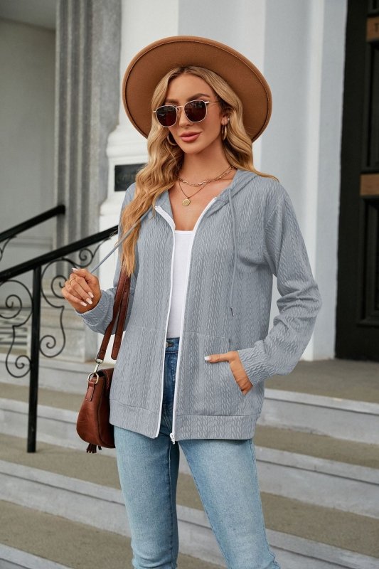 Autumn Winter Loose Long Sleeve Hooded Zip Cardigan Pocket Sweatshirt Women