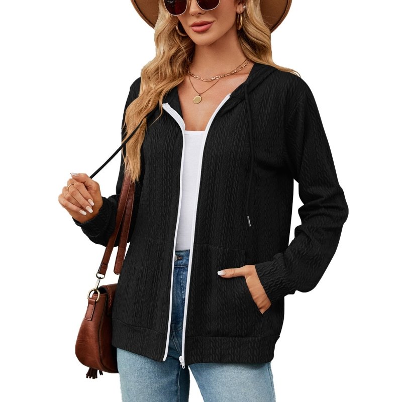 Autumn Winter Loose Long Sleeve Hooded Zip Cardigan Pocket Sweatshirt Women