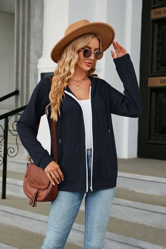 Autumn Winter Loose Long Sleeve Hooded Zip Cardigan Pocket Sweatshirt Women