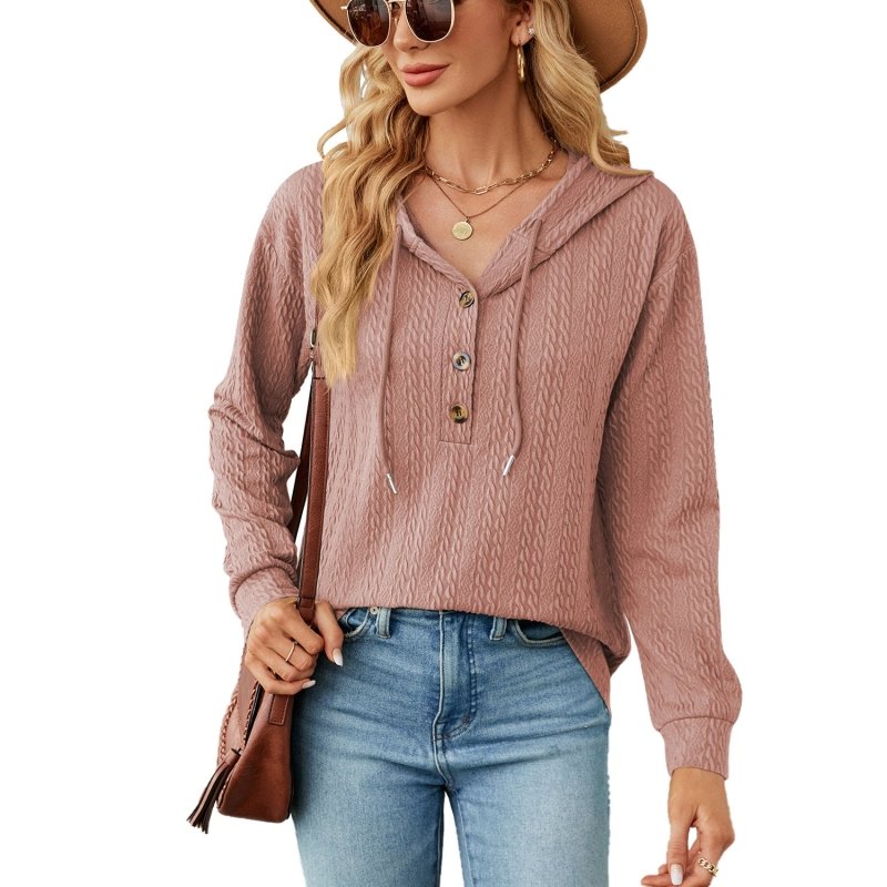 Autumn Winter Solid Color Hooded Button Loose Long Sleeve Sweatershirt Women Clothing