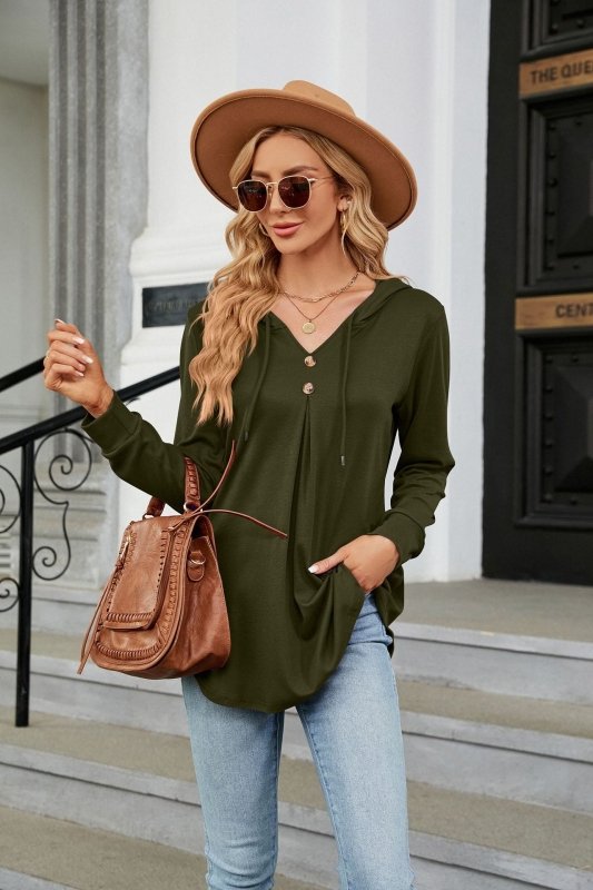Autumn Winter Solid Color V neck Button Hooded Loose Long Sleeves Sweater Women