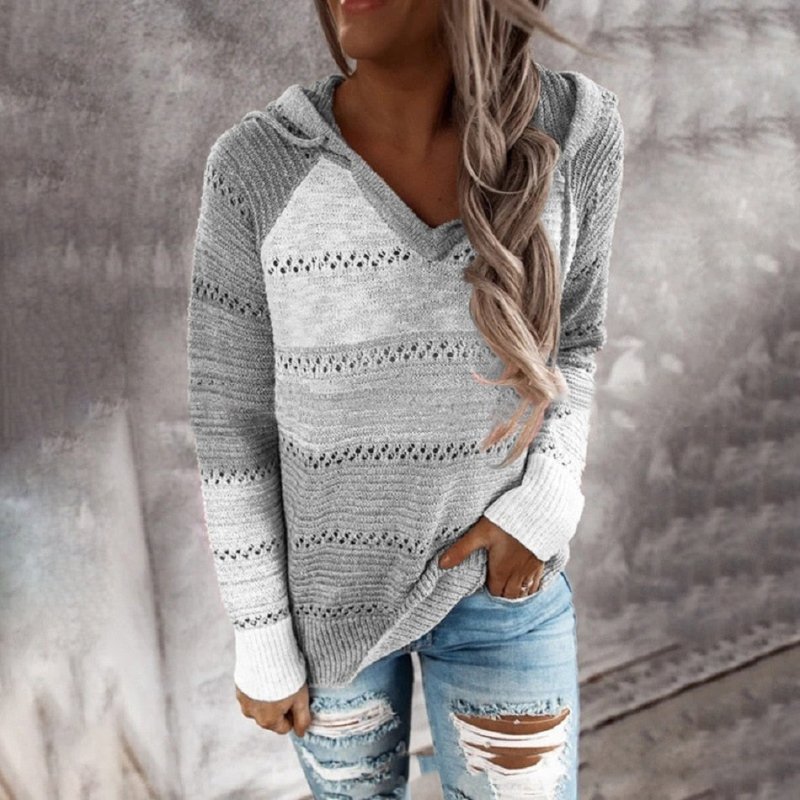 Autumn Winter Sweaters Women Hollow Long Sleeve Sweater Hoodie Tops V Neck Patchwork Casual Knitted Elegant Pullover Jumper