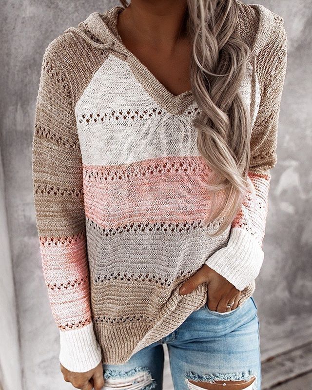 Autumn Winter Sweaters Women Hollow Long Sleeve Sweater Hoodie Tops V Neck Patchwork Casual Knitted Elegant Pullover Jumper