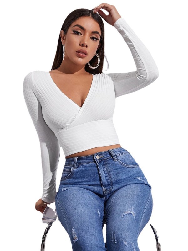 Autumn Winter V-neck Pullover Solid Color Sexy Office Slim-Fit T-shirt Women Bottoming Shirt