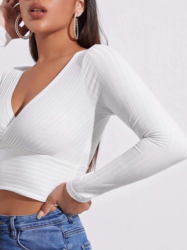 Autumn Winter V-neck Pullover Solid Color Sexy Office Slim-Fit T-shirt Women Bottoming Shirt