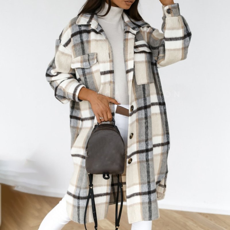 Autumn Winter Women Checked Jacket Casual Turn Down Collar Plaid Long Coat Female Oversized Thick Warm Woolen Blends Overcoat