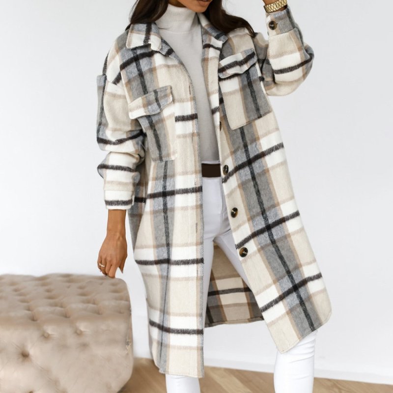 Autumn Winter Women Checked Jacket Casual Turn Down Collar Plaid Long Coat Female Oversized Thick Warm Woolen Blends Overcoat