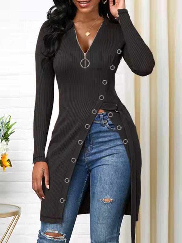 Autumn Winter Women Clothing V-neck Long Sleeve High Slit Thread Zipper T-shirt Top