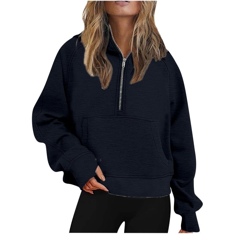 Autumn Winter Women Scuba Sports Half Zipper Yoga Clothes Loose Short Hood Fleece Lined Sweater Sweater