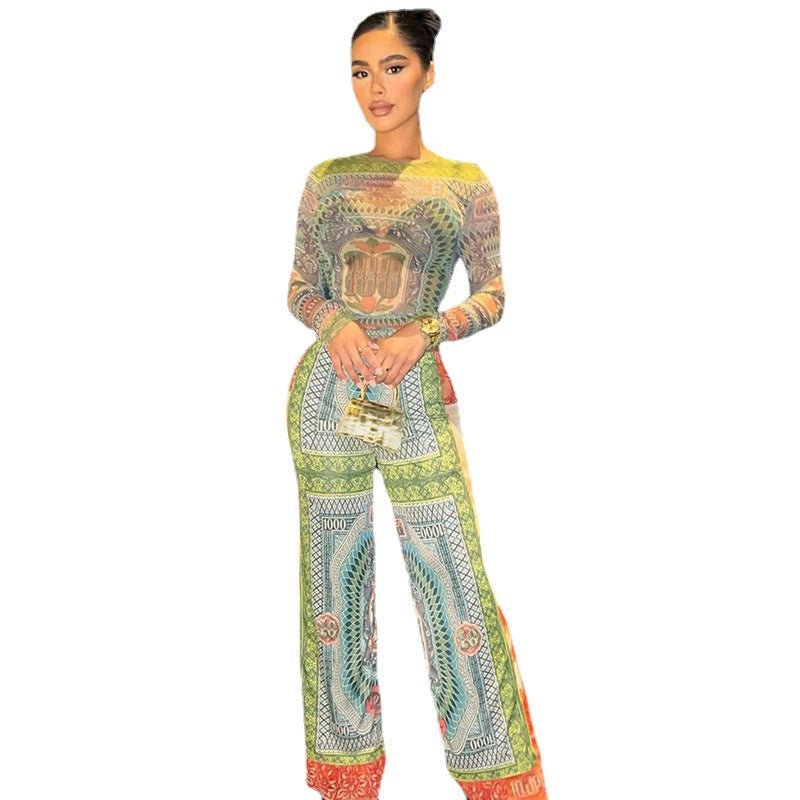 Autumn Women's New Sexy Mesh Digital Printing Long Sleeve Top High Waist Pants Set