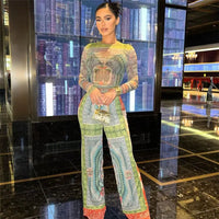 Autumn Women's New Sexy Mesh Digital Printing Long Sleeve Top High Waist Pants Set - Premium Outfit Sets for sale