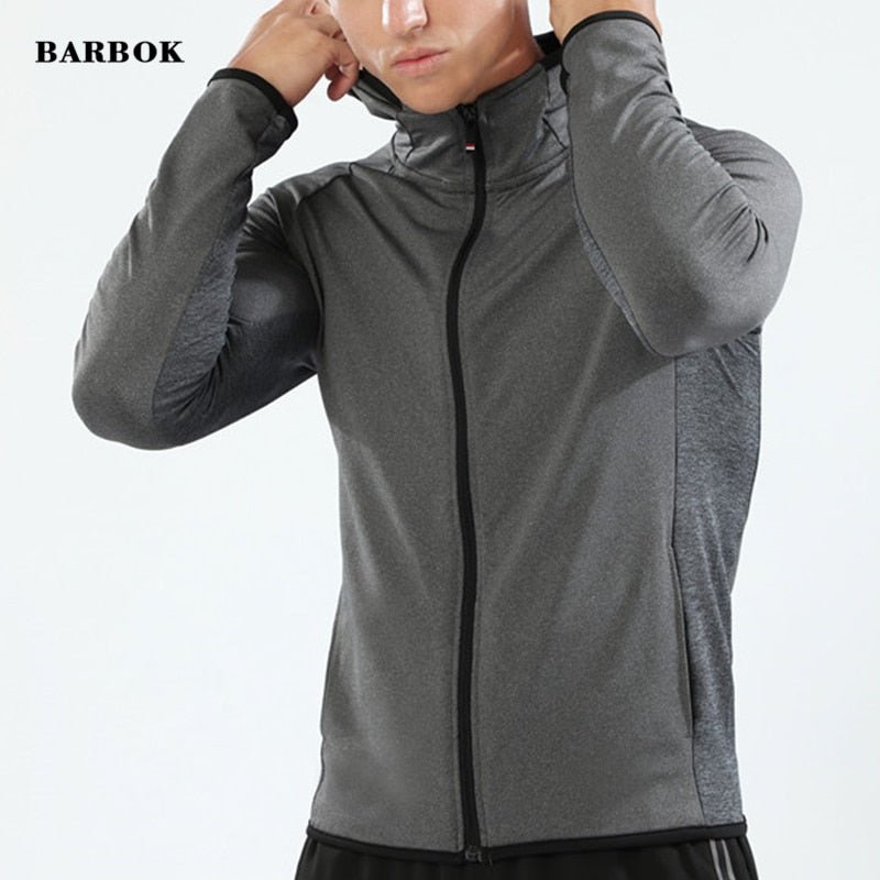 BARBOK Autumn Running Jacket Long Sleeve Sports Hooded Shirt Zipper Running T Shirts Compression Men Gym Jogging Fitness Top