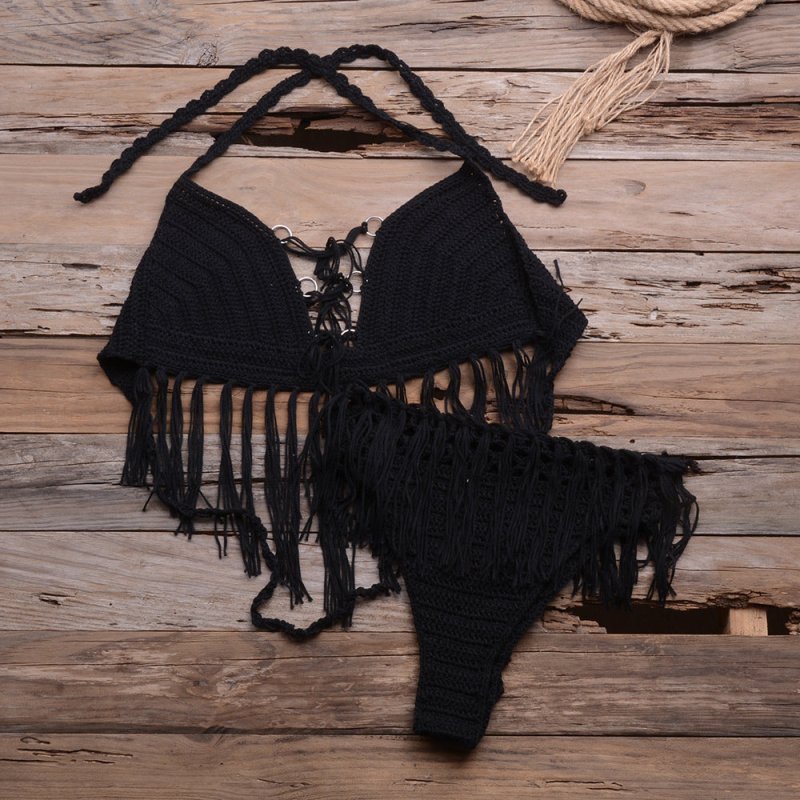 Beach Hand-Woven Tassel Split Bikini Swimsuit Set