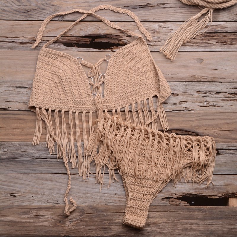 Beach Hand-Woven Tassel Split Bikini Swimsuit Set