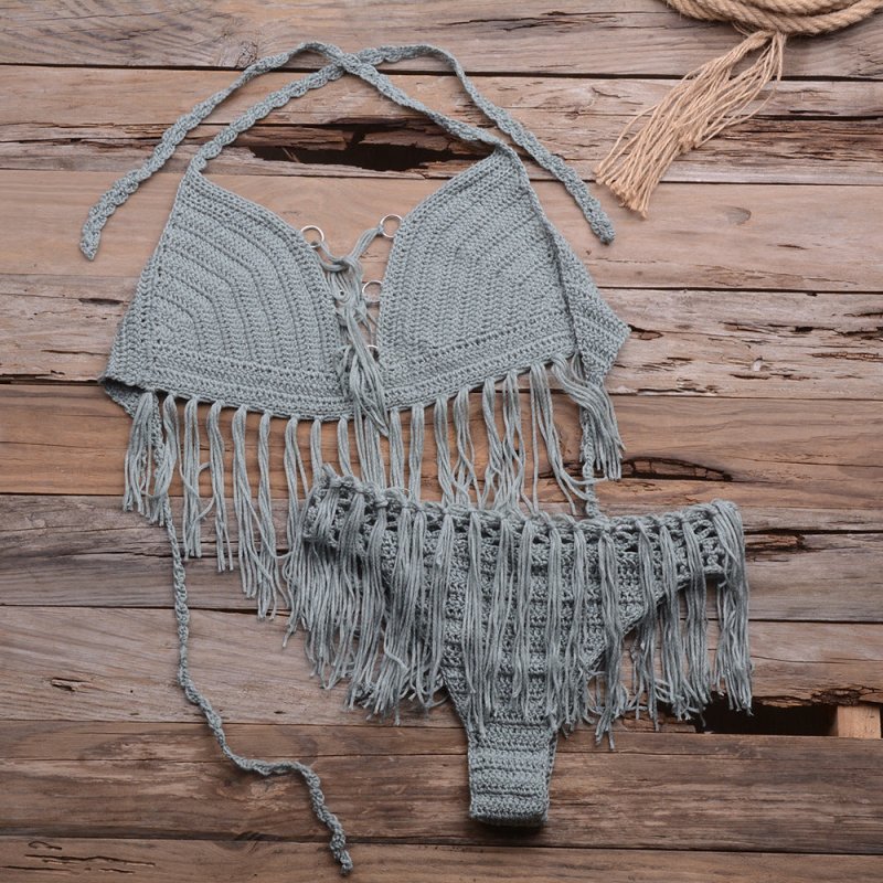 Beach Hand-Woven Tassel Split Bikini Swimsuit Set