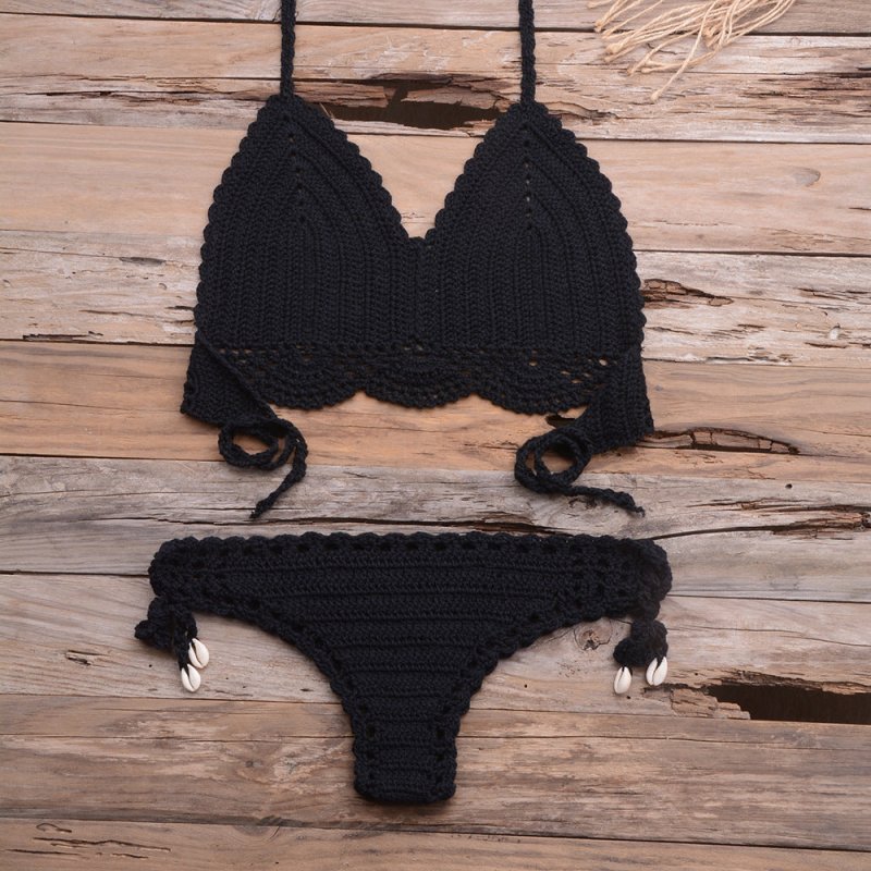 Beach Hollow-out Handmade Woven Split Strap Tank-Top Matching Shell Bikini Briefs