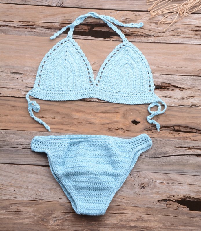Beach Matching Split Bikini Hollow Out Cutout Hand Crocheting Woven Solid Color Swimsuit Set
