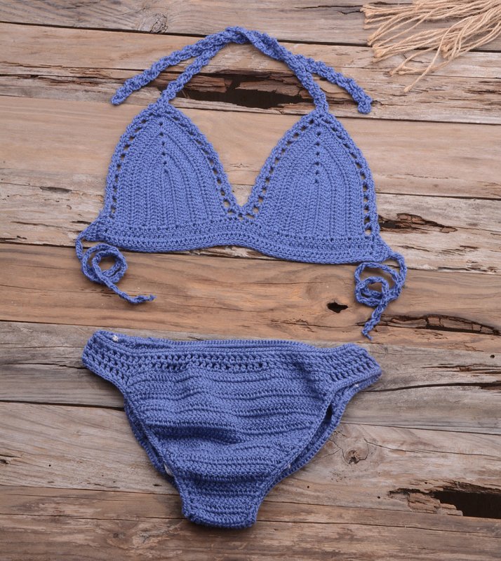 Beach Matching Split Bikini Hollow Out Cutout Hand Crocheting Woven Solid Color Swimsuit Set