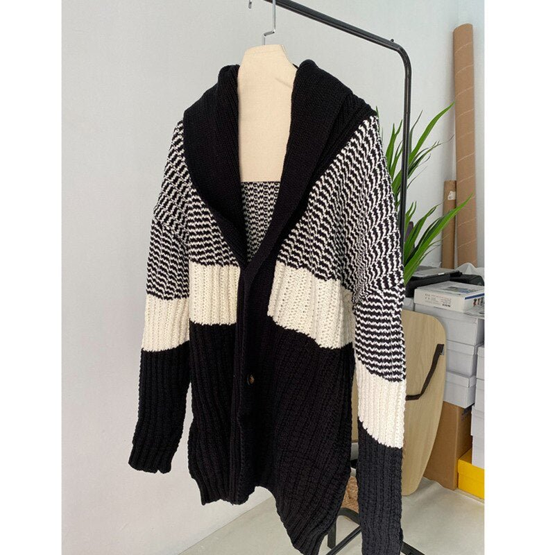 Black Color-block Big Size Knitting Cardigan Sweater V-Neck Long Sleeve Women New Fashion Autumn Winter