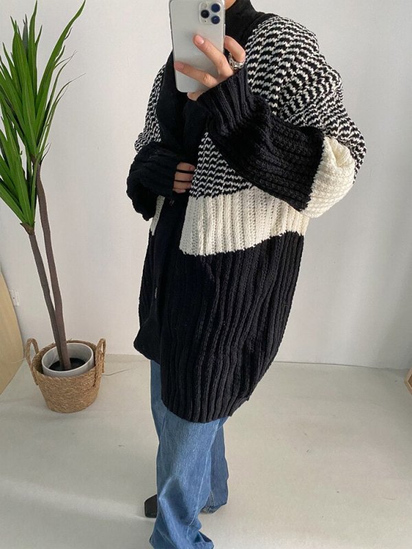 Black Color-block Big Size Knitting Cardigan Sweater V-Neck Long Sleeve Women New Fashion Autumn Winter