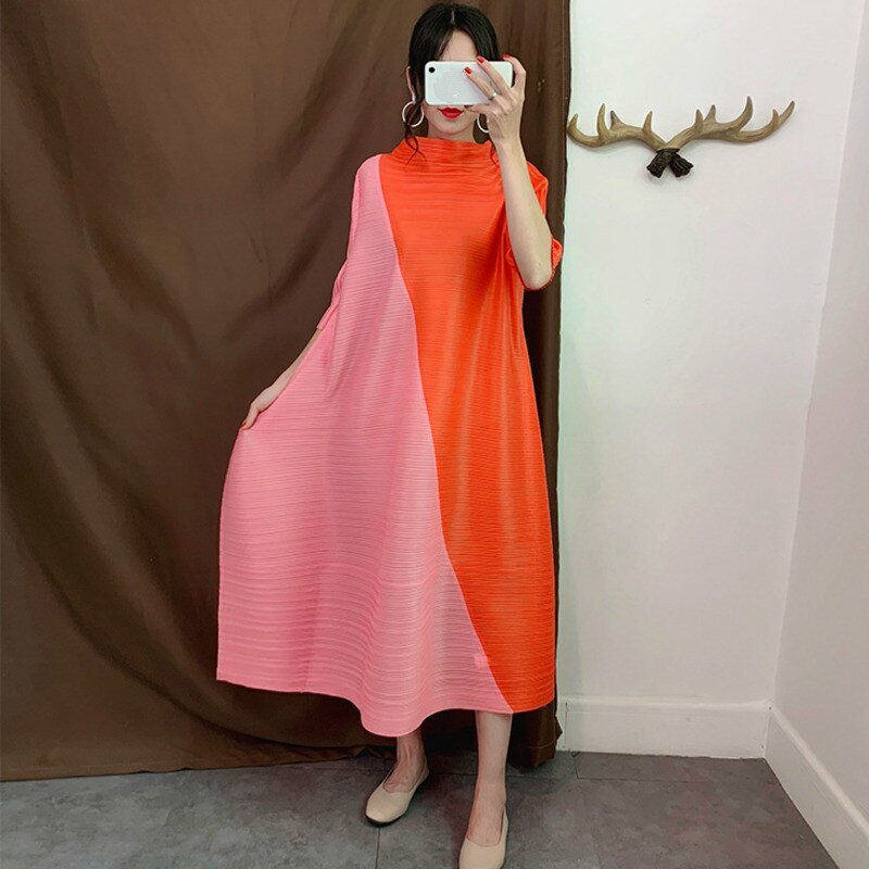 Blue One-neck Collar Seven-point Sleeve Contrast Pleats Loose Plus Woman Dress Casual Fashion Autumn New