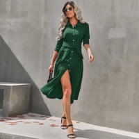 Casual Autumn And Winter New Fashion Slim Single - Breasted Tied Waist Dress - Premium Dresses for sale