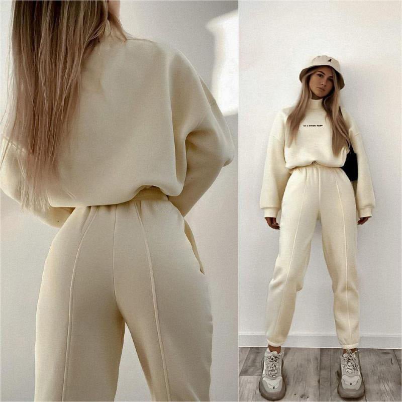 Casual pullover, embroidered turtleneck top with drawstring seam with sweatpants