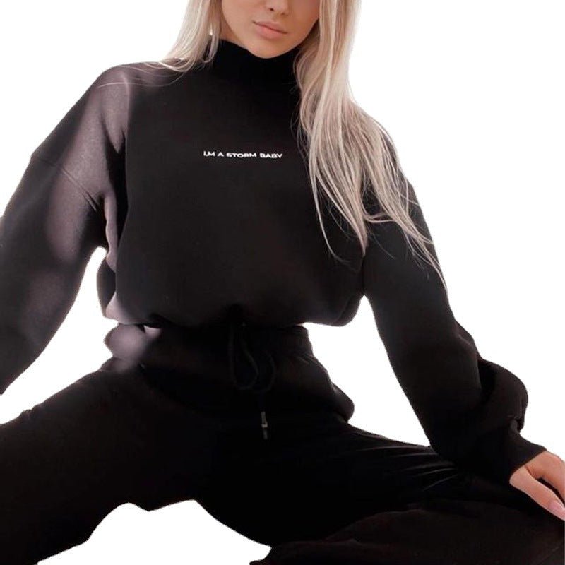 Casual pullover, embroidered turtleneck top with drawstring seam with sweatpants