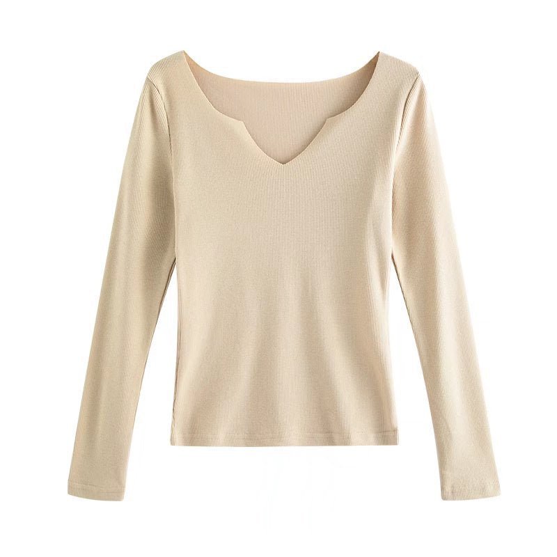 Chest Open Long Sleeve T-shirt Autumn Elegant Slim V-neck Pullover Solid Color Underwear Top Women