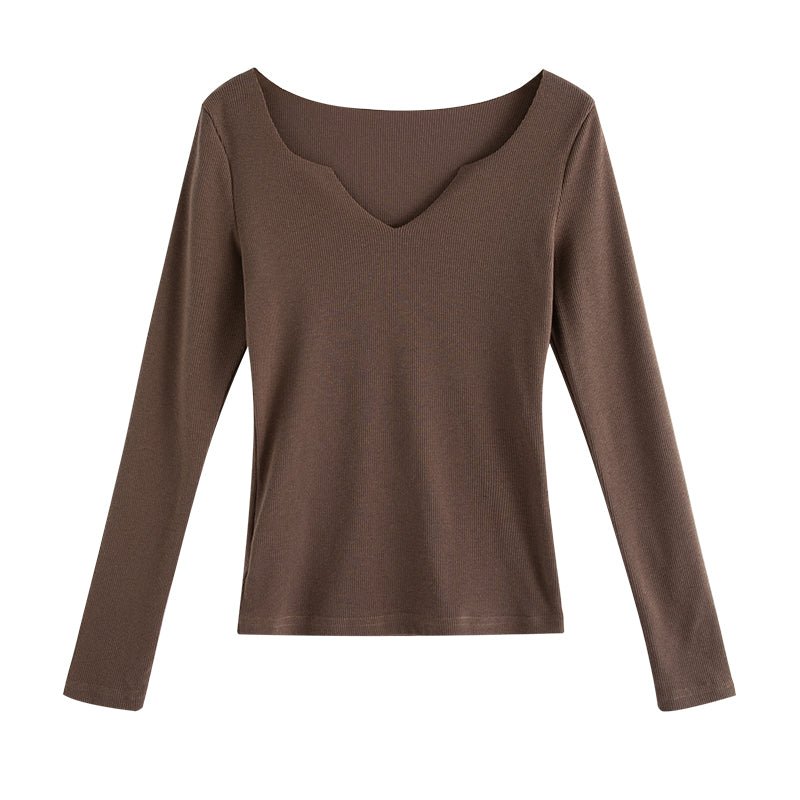 Chest Open Long Sleeve T-shirt Autumn Elegant Slim V-neck Pullover Solid Color Underwear Top Women